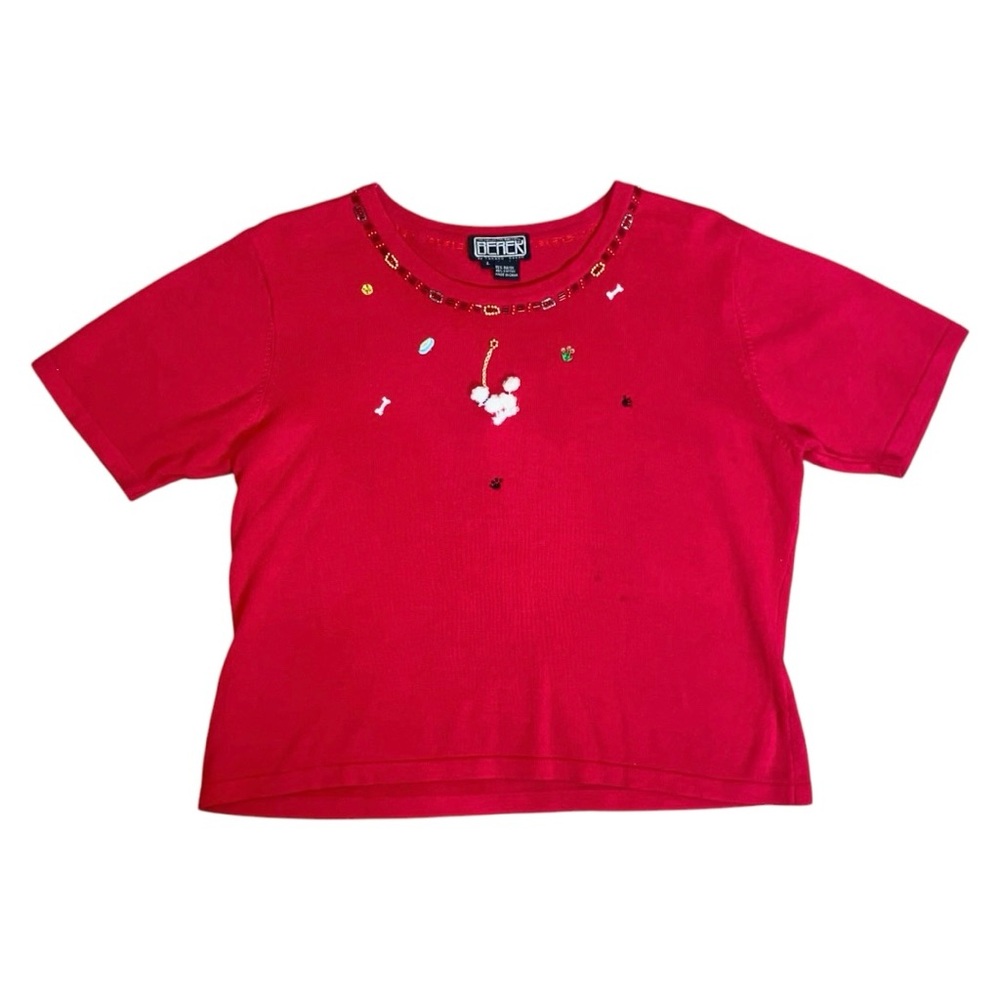 Vintage 90s Artsy 3D Poodle Dog Beaded Embroidered Short Sleeve Red Knit Top